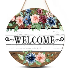 Rustic Flower Welcome Wall Hanging Decor Round Wood Art Plaques Sign Door Sign for Spring Home Living Room Decor