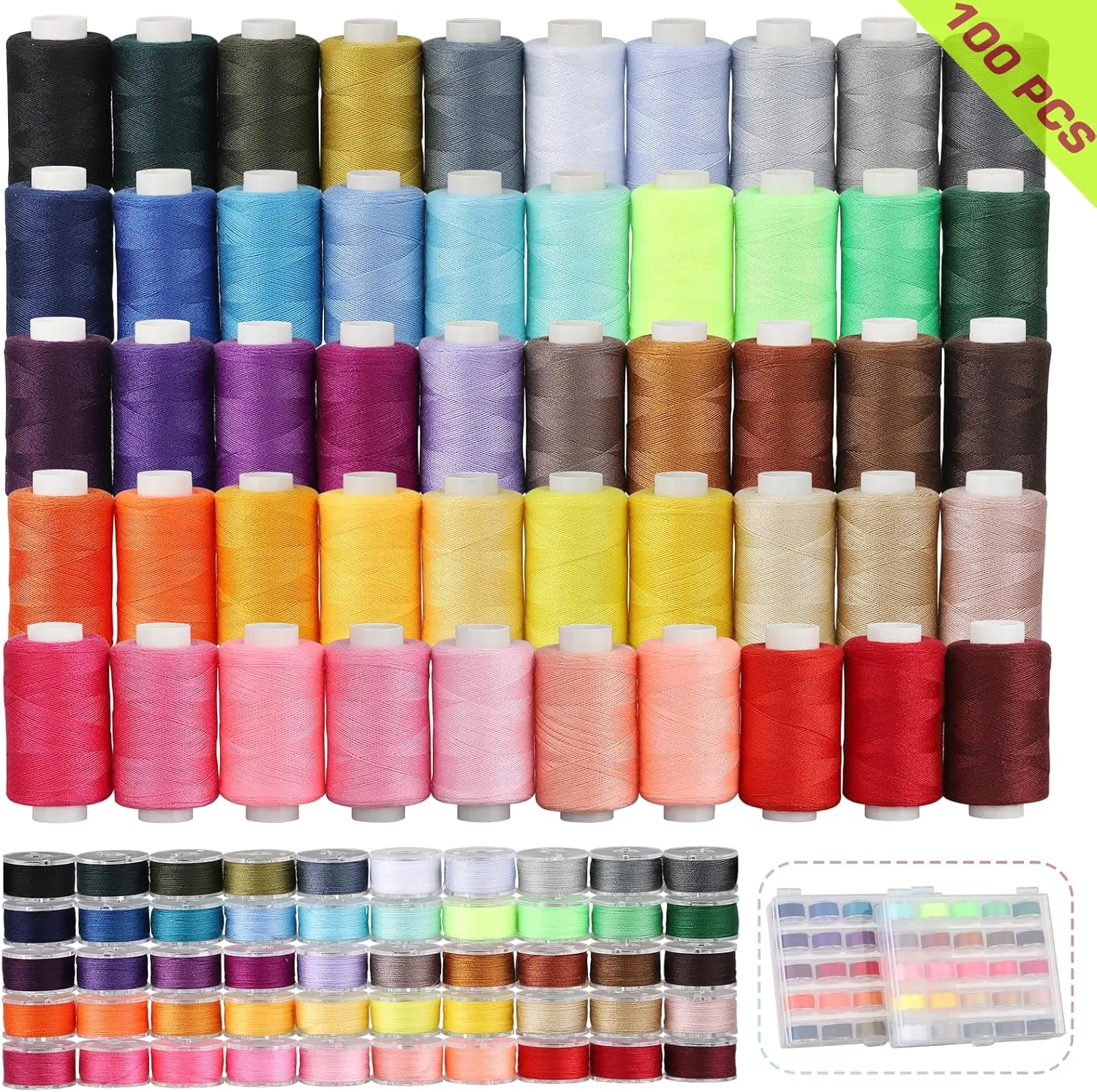 

100pcs Prewound Bobbins Sewing Threads Kit, 500 Yard Polyester Threads with Case in 50 Colors