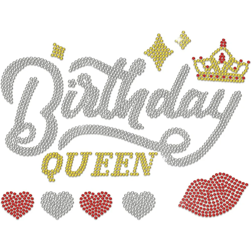 Birthday Queen Iron on Transfers Rhinestone Heat Transfer Decal Bling Patch Crown Heart Lip Pattern Crystal DIY Birthday Party