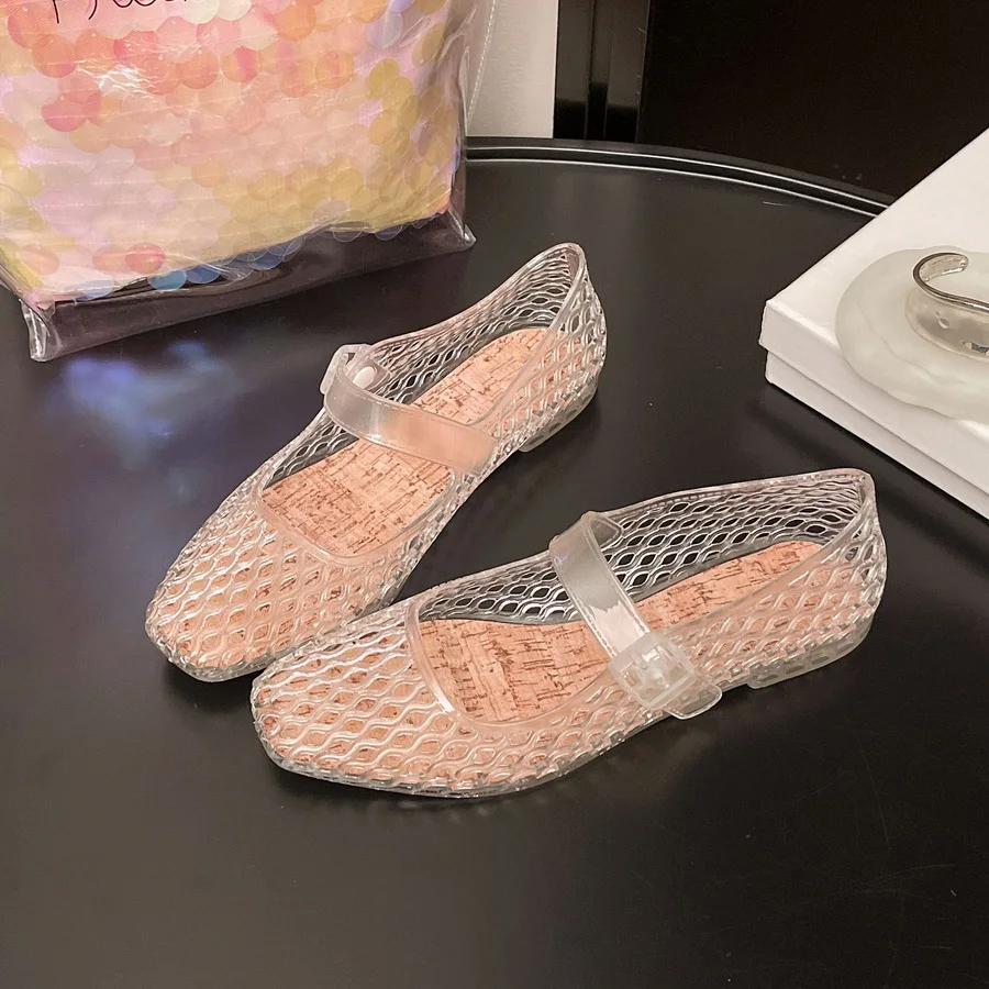 

Muted Mesh Mary Jane Sandals Woman New Clear PVC Strap Flats Ladies Openwork Upper Textured Faux Wood Insole Shoes Hollow Sandal
