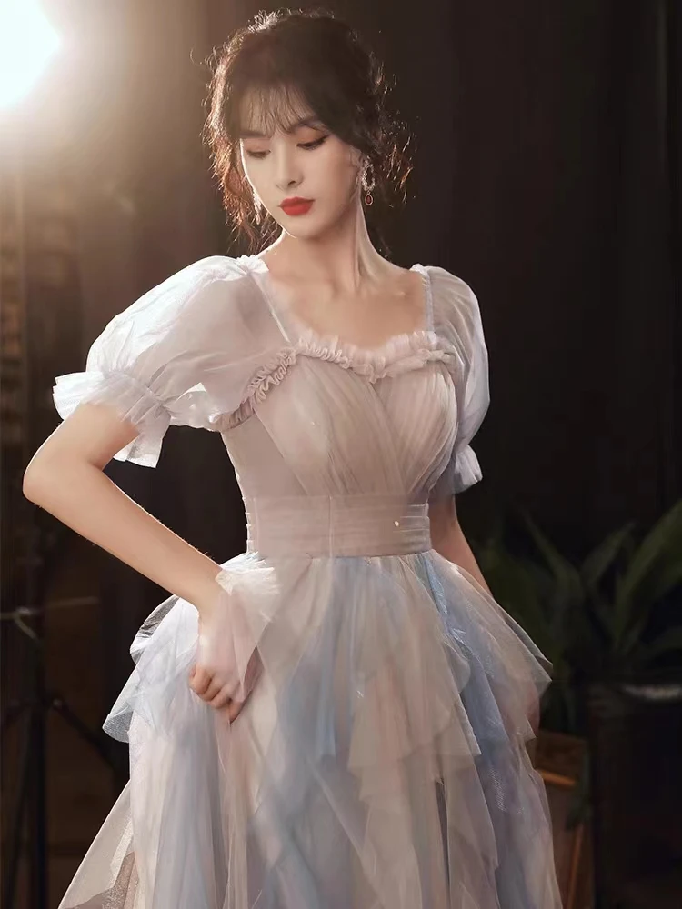 

Vintage Elegant Short Sleeve Evening Dress Square Collar Sexy Pleated A-line Tulle Female Backless Long Banquet Performance Gown
