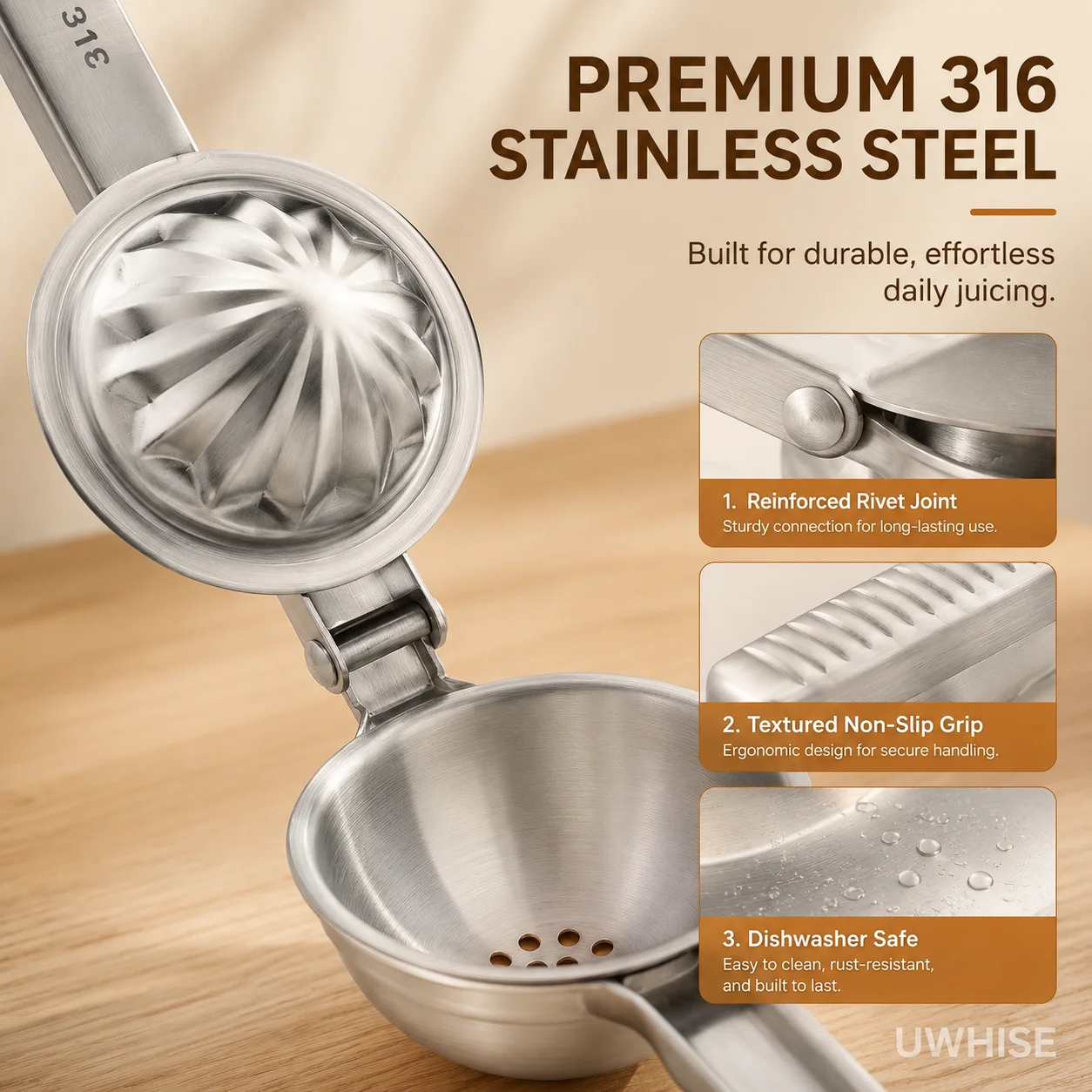 Uwhise 316L Stainless Steel Lemon Squeezer Deep Bowl Hand Press Citrus Juicer Dishwasher Safe Fruit Extractor Kitchen Tool view 3
