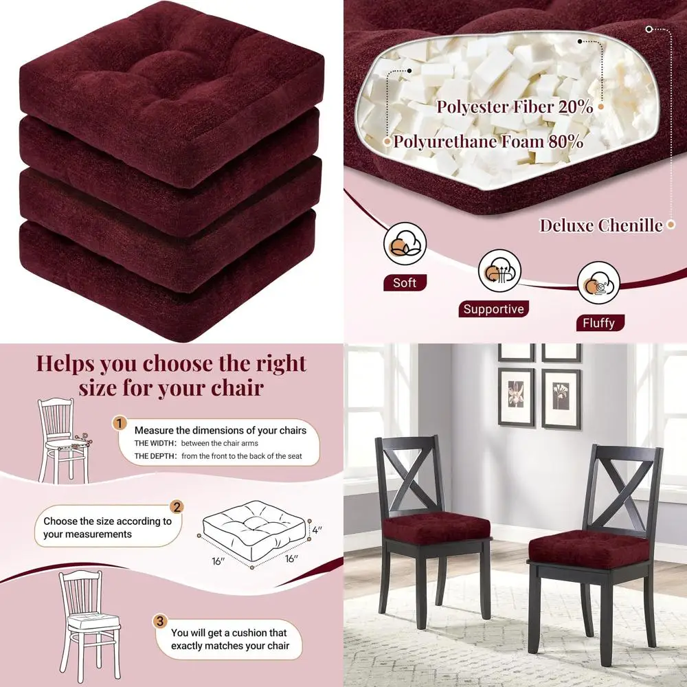 

Набор из 4 толстых нескользящих подушек для обеденных стульев бордового цвета, 16x16x4 дюйма