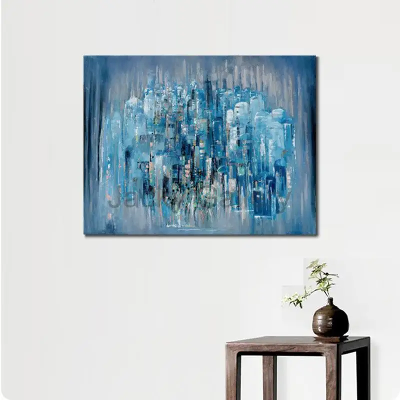 Blue Old Jerusalem City Modern Textured Canvas Oil Paintings Handmade Abstract Landscape Wall Art Bedroom Study Room Decor