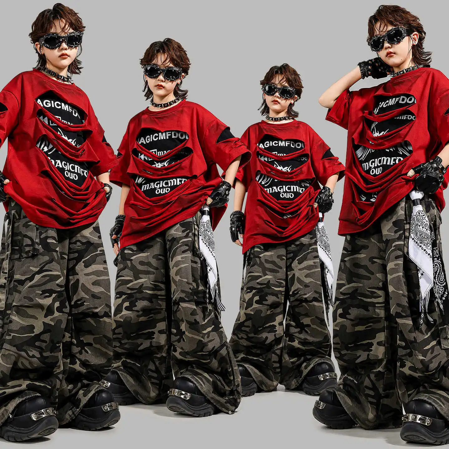 

Kid Kpop Hip Hop Clothing Red Letters Ripped T Shirt Camo Casual Strap Parachute Cargo Pants for Girl Boy Dance Costume Clothes