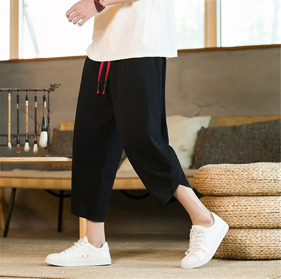 Large Size Harem Pants Men Harajuku Summer Thin Cotton Linen Pencil Pant Vintage Elastic Waist Calf Length Pants Male