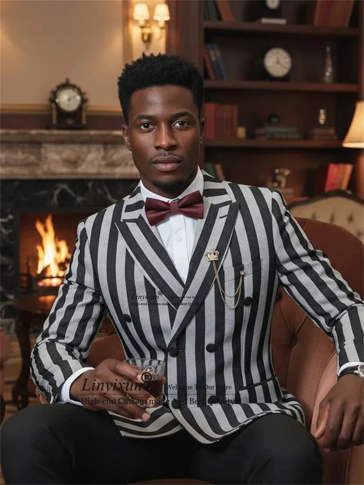 Traje masculino de alta qualidade para festas, ternos masculinos da moda, listrados, com abotoamento duplo, smoking para casamento, conjunto personalizado de 2 peças, paletó + calça