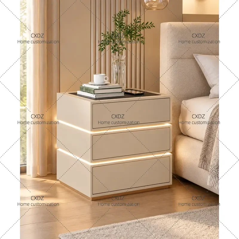 Smart Bedside Table Solid Wood Modern Minimalist Wireless Charging Lamp Fingerprint Lock Bluetooth Speaker Nightstand