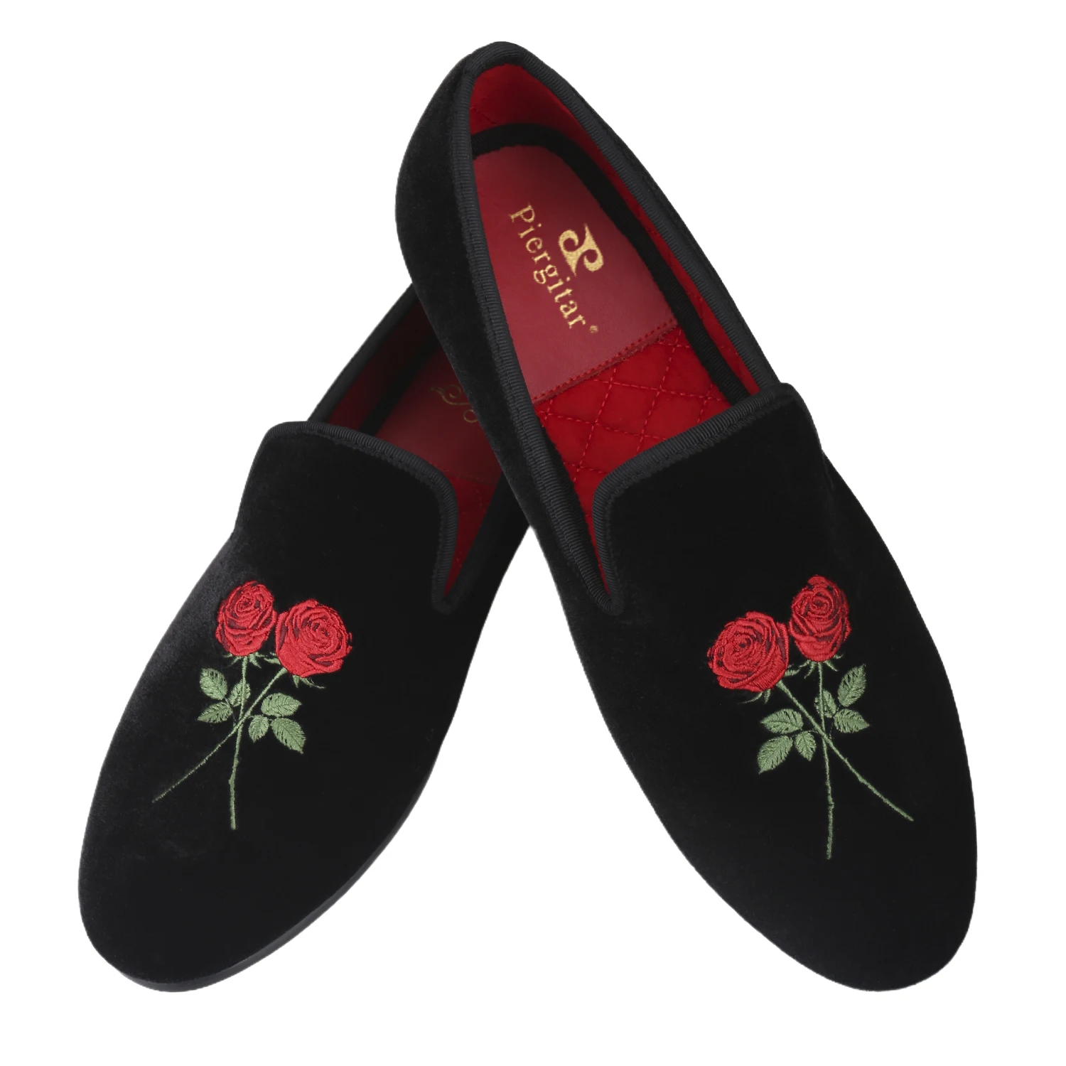 Piergitar British Style Black Velvet Of Custom Rose Embroidered Men's Shoes For Wedding And Party Wear Handmade Slip-On Loa fers