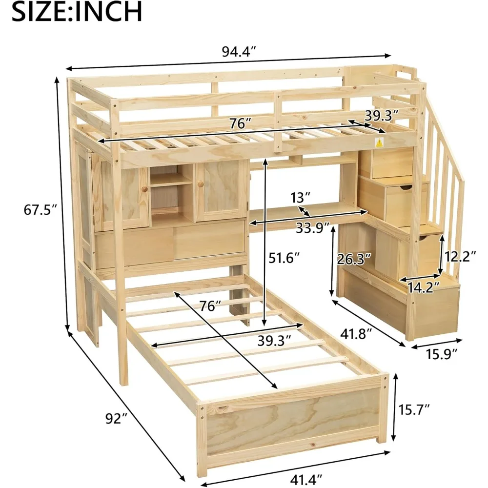 Twin Loft Bed.Twin Over Twin Bunk Beds with Stairs & Desk, Solid Wood Loft Bunk Bed with Storage Stairs Shelves and Drawers,