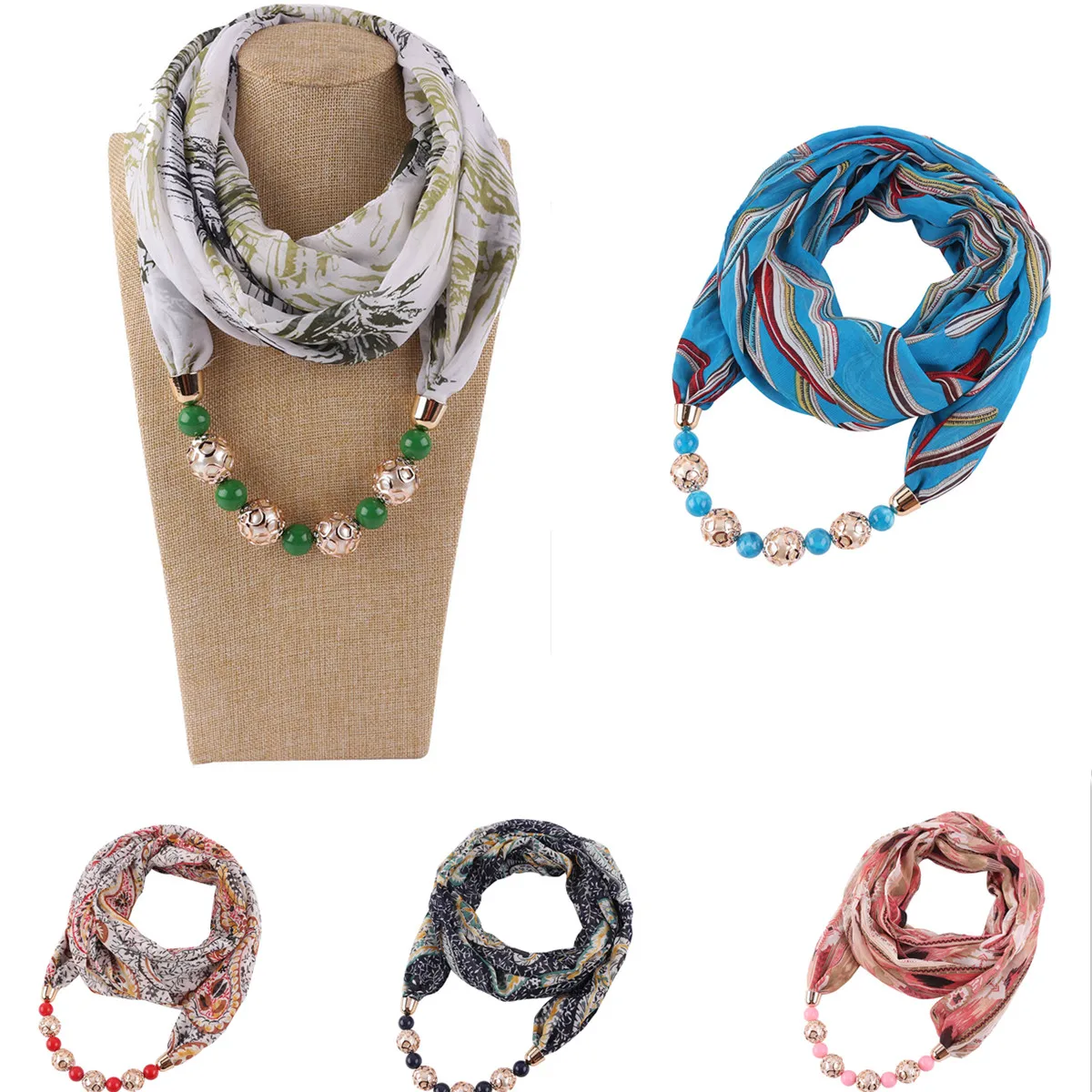 Bubble Chiffon Women Necklace Pendant Scarf Boho Neckerchief Foulard Femme Accessories Hijab Scarf Beads Pashminas