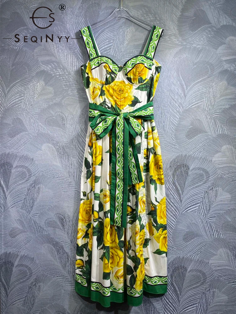 

SEQINYY 100% Cotton Midi Dress Summer Spring New Fashion Design Women Runway High Quality Vintage Flower Print Strapless Belt