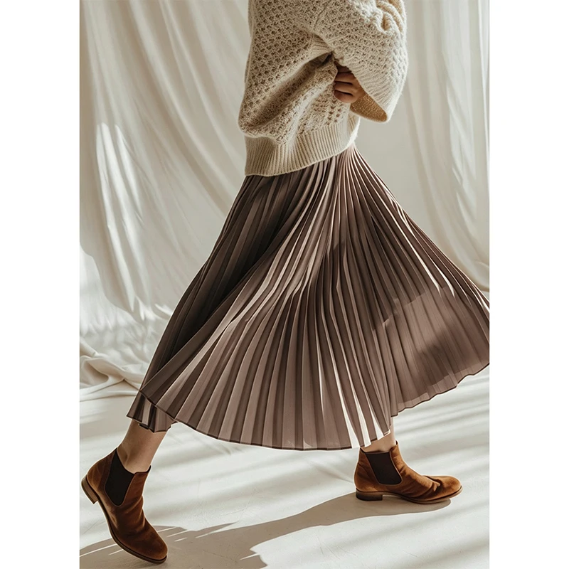 Classic Versatile Pleated Skirts Women Elegant Elastic High Waist Office Work Wear Long Skirt Autumn Casual Swing Maxi Skirts