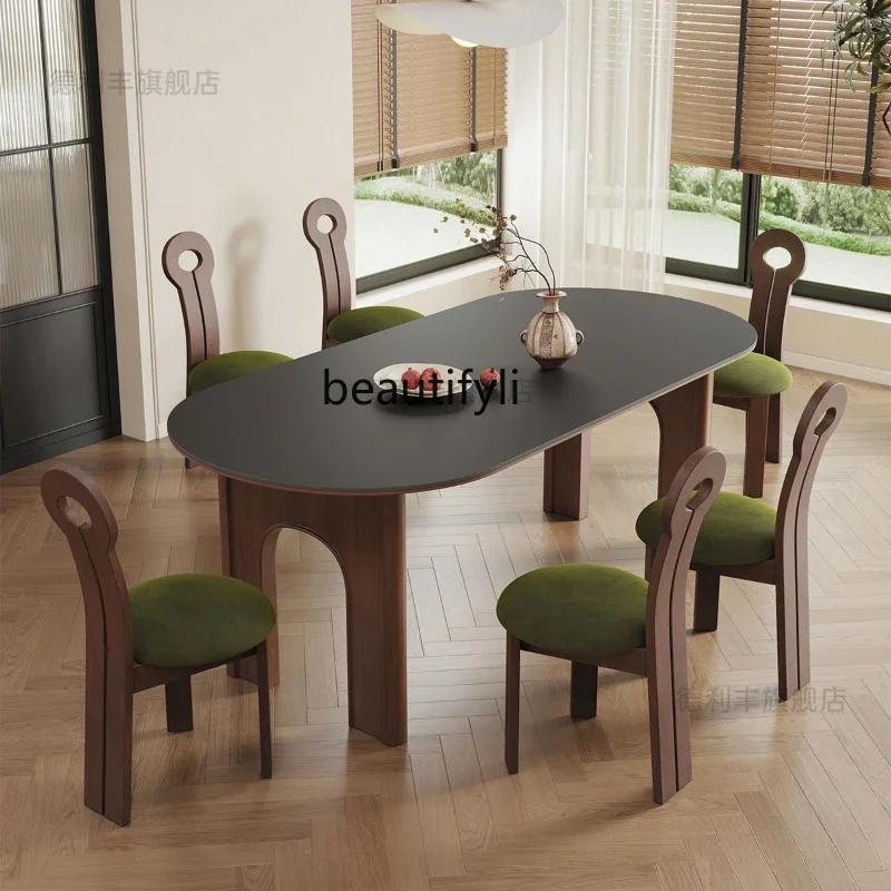 

ss 8617 Slate dining table and chairs new medieval oval walnut French retro home dining table