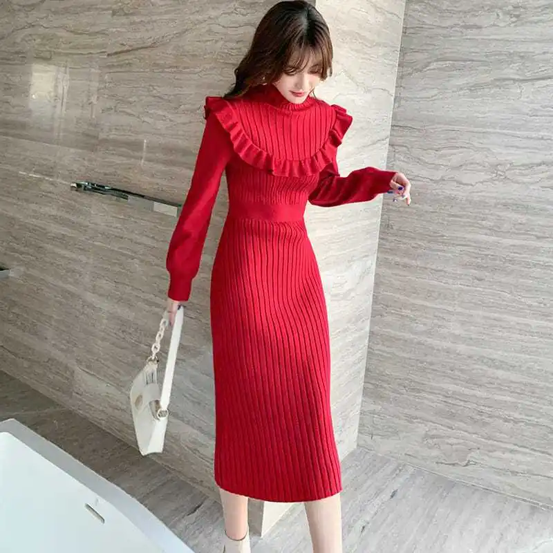 

Women's Knitted Dress New Autumn and Winter Long Sleeves Female Half High Collar Sweater Dresses Skirt Midi Party Woman T48