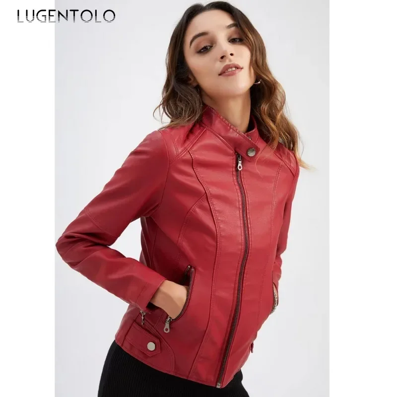 Women PU Jacket 2024 Faux Leather Windproof Warm Coat Fashion Solid Color Stand Collar Slim Zip Biker Cardigan Available 4XL