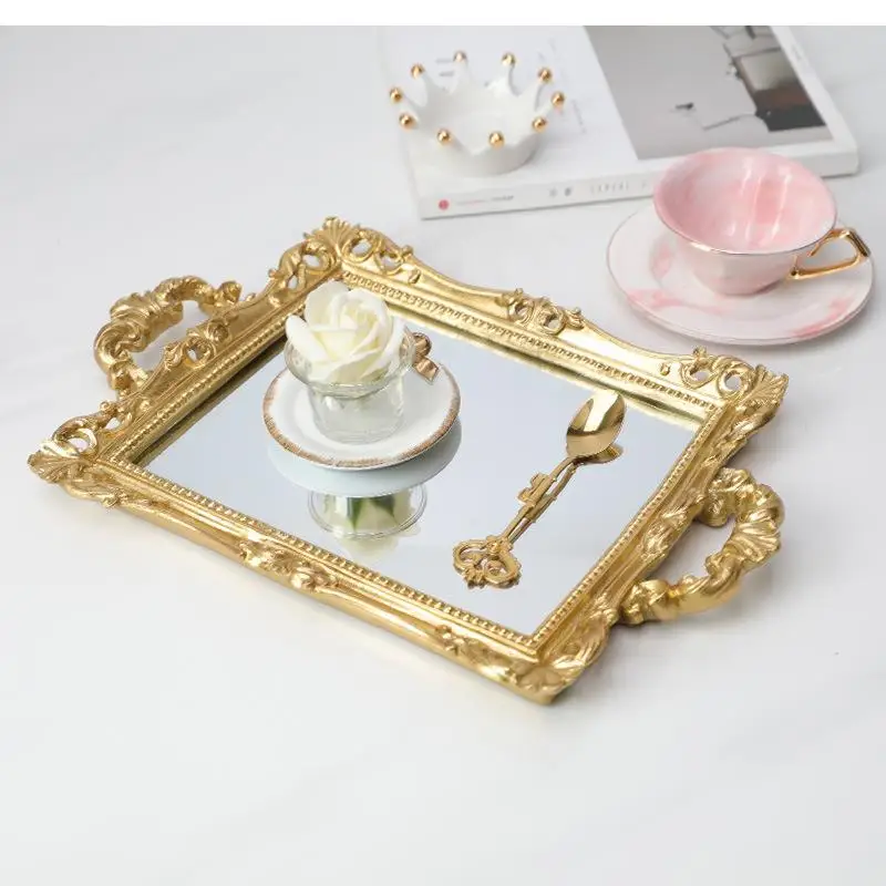 

European Style Retro Craft Carved Fruit Tray Tea Gold Printing Glass Double Ear Mirror Storage Jewelry