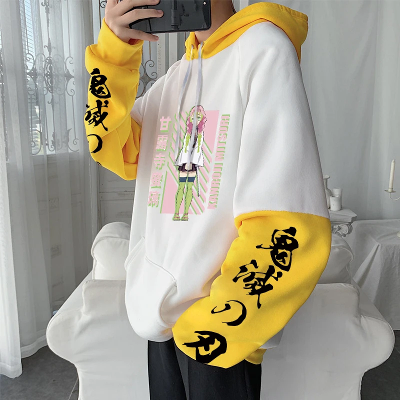 Demon Slayer Mitsuri Kanroji Cute Cartoon Printed Hoodies For Mne Women Manga Sweatshirts Winter Patchwork Long Sleeves  Hoodies