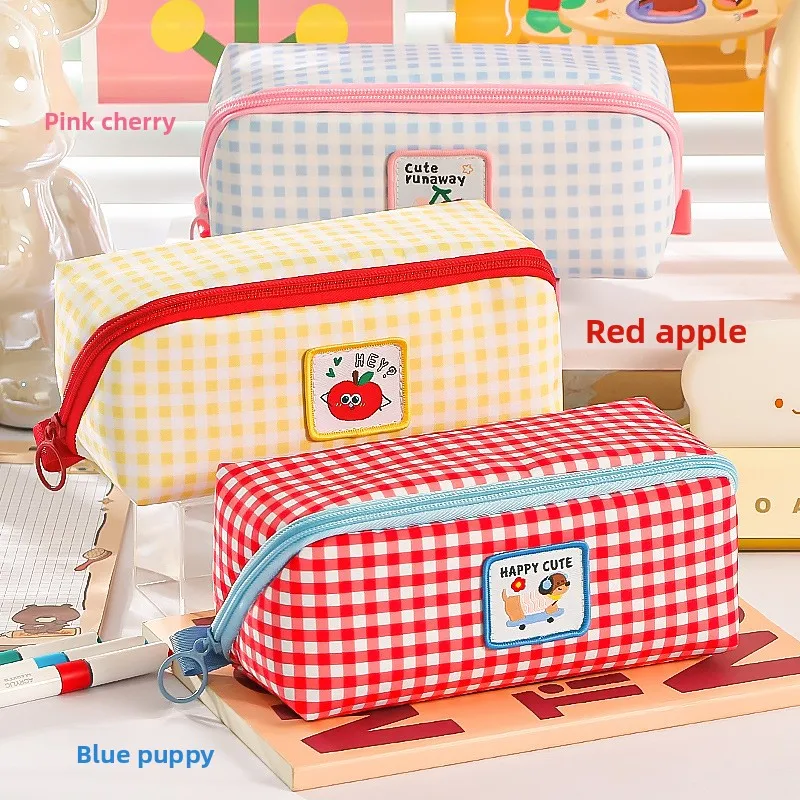 Cute Cartoon Apple Checkered Pencil Case Large Capacity Stationery Bag Aesthetic Pen Pouch for Student School Office Supplies