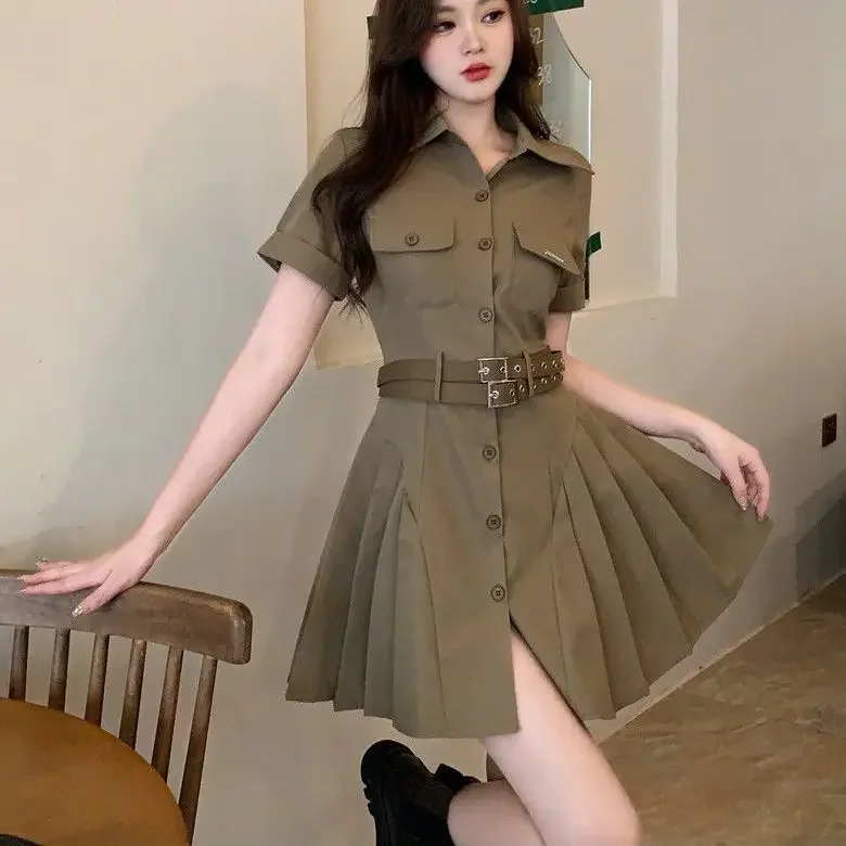 

Women's Summer Plus Size Dress Vintage Work Dress Korean High Waist Slim Fit Elegant Dress Military Green Pleated Short Skirt