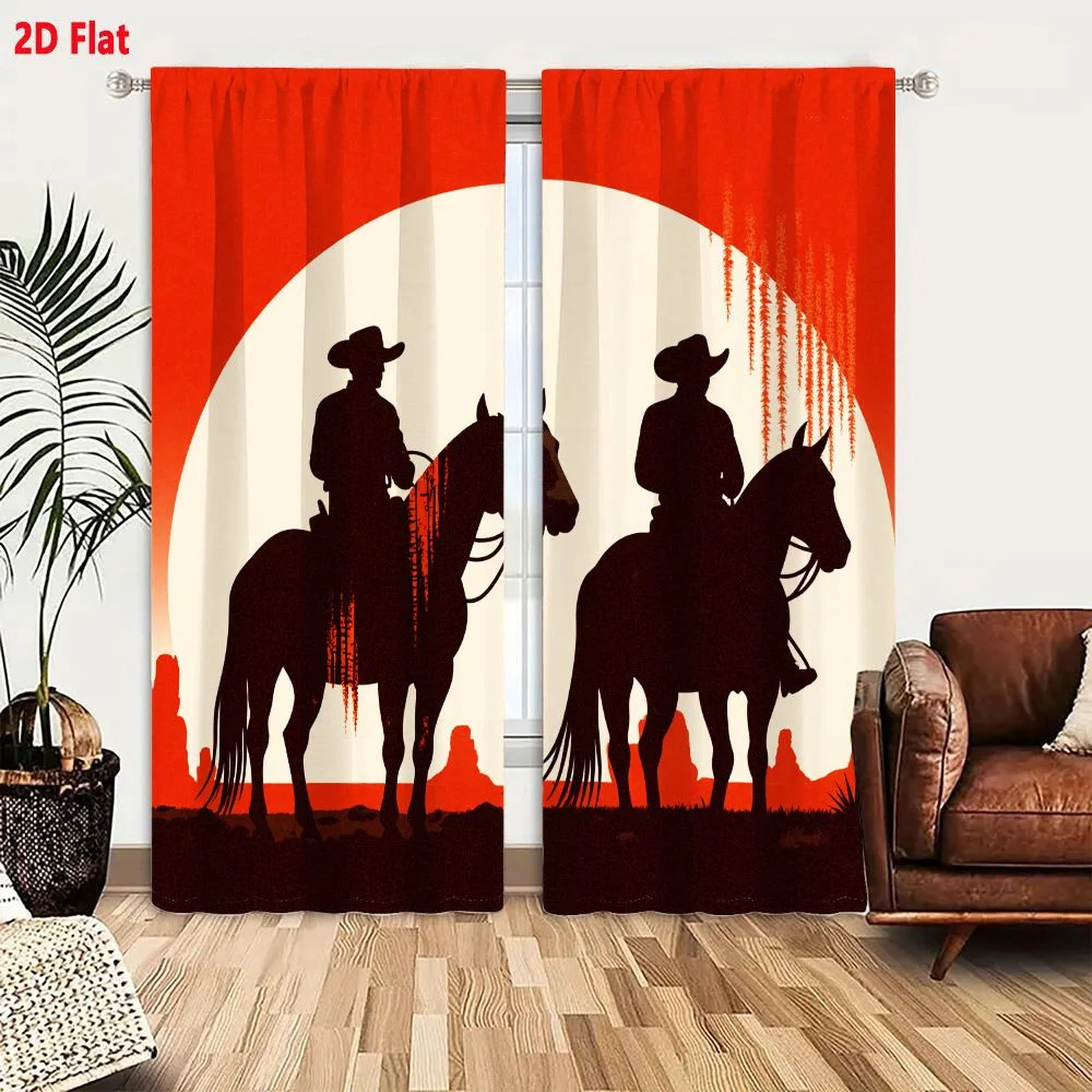 2Pcs Curtains 2D Flat Minimalist Western Silhouette Art: Sun, Cowboy Figures on Horses, Desert Landscape Against Red Background