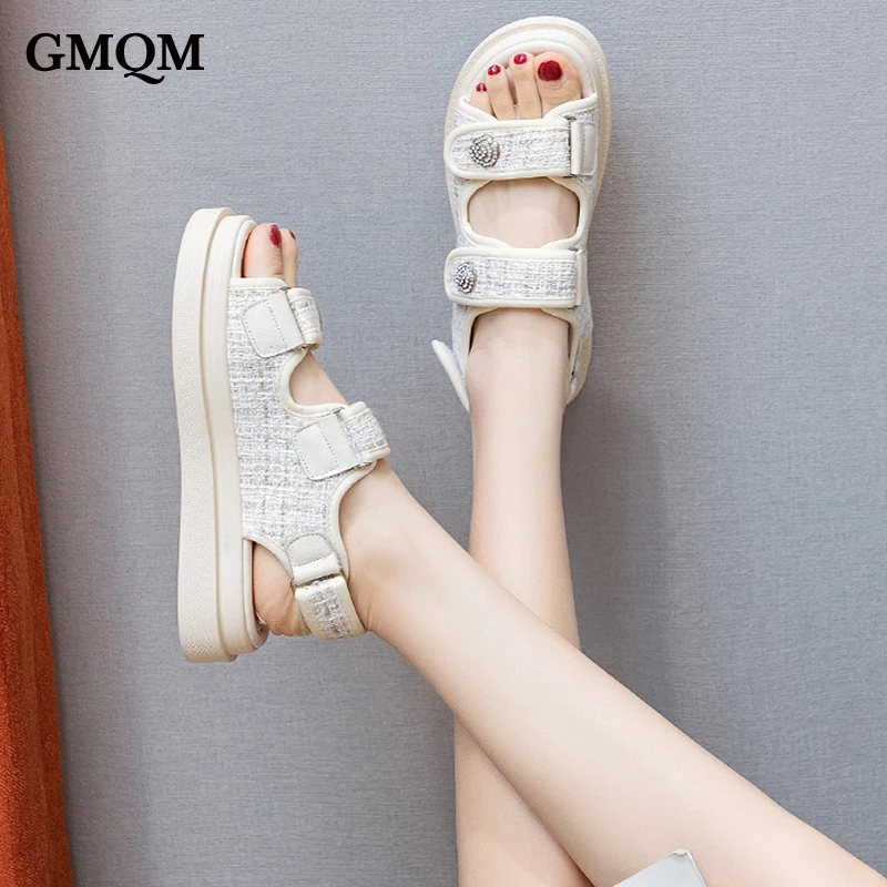 GMQM Platform Fashion Sandals Women Lattice Round Toe Classic Summer Flats Shoes Hook Loop Plaid Cloth Outdoor Walking Shoes