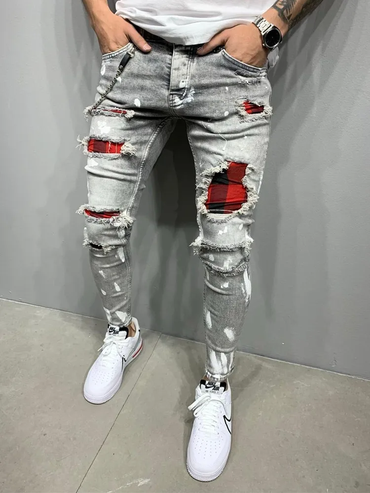 2023 Fashion Men Jeans Streetwear Knee Hole Ripped Stretch Skinny Denim Pants Autumn Summer Jeans for Men Jogger Pants Slim Fit