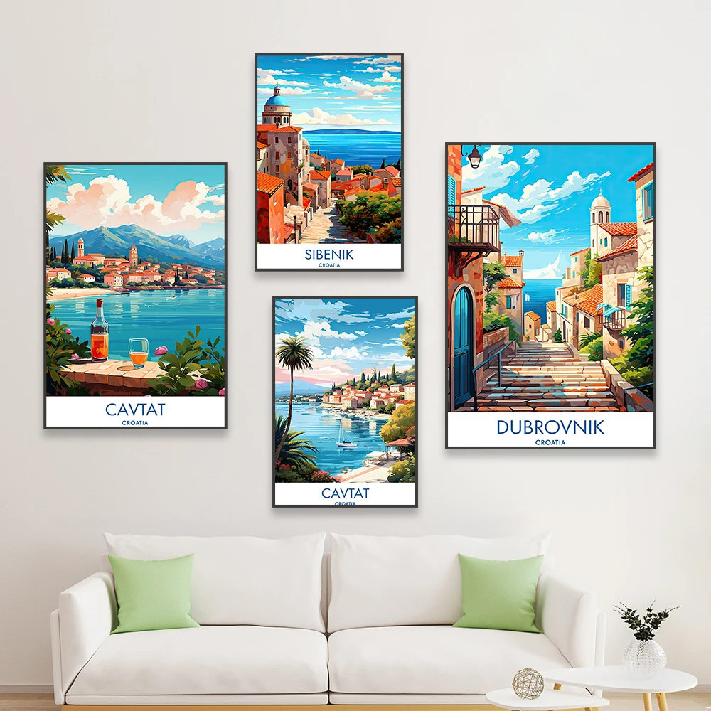 

Travel Poster Croatia Cavtat Prints Vintage Cityscape Scene Print Nature Landscape Canvas Painting Home Living Room Wall Decor