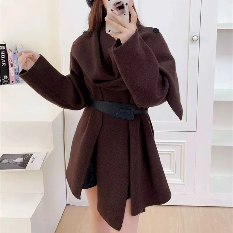 

Зимние женские элегантные драпированные однотонные вязаные модные свободные куртки с длинными рукавами, осенние повседневные асимметричные свитера с шарфом