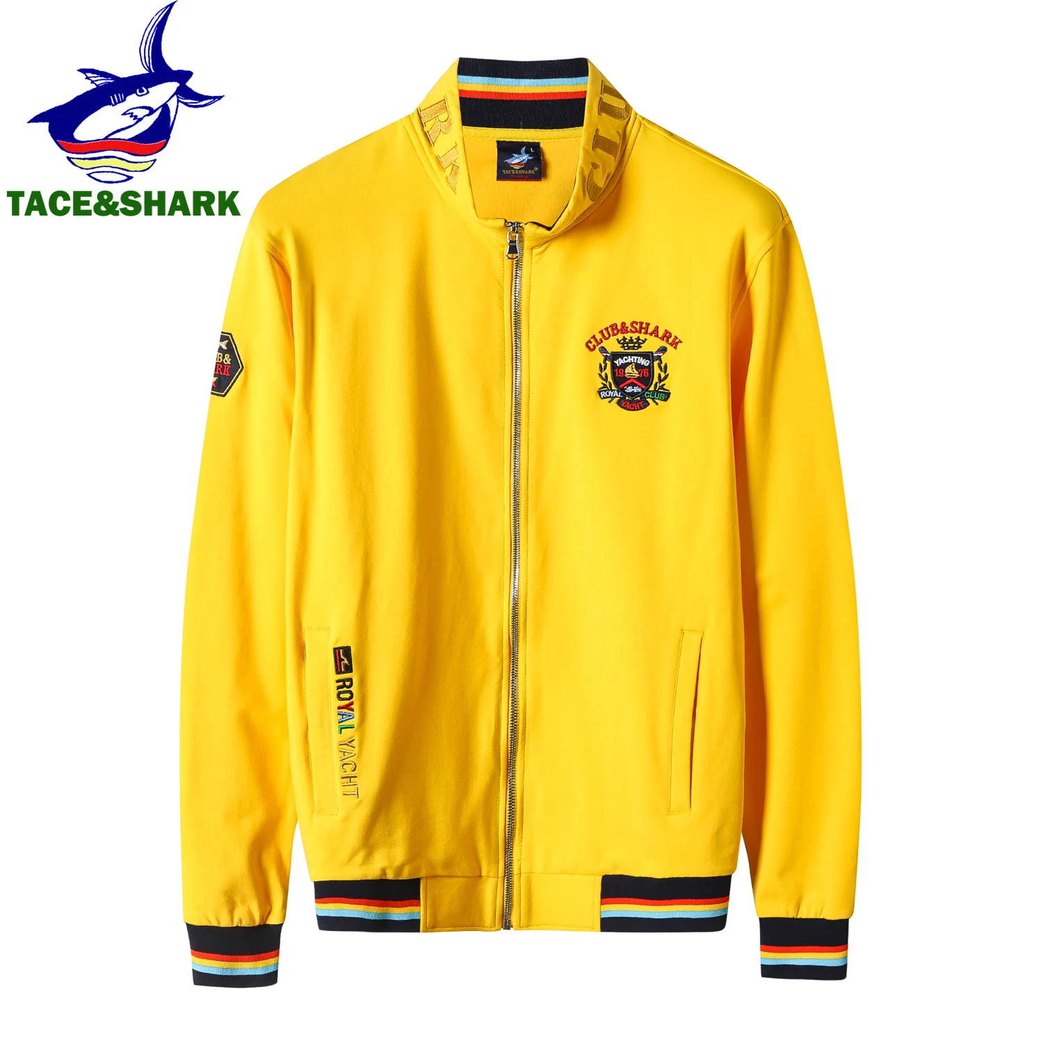 TACE&SHARK Fashion Brand Emblem Letter Embroidery Stand Collar Jackets Zipper Mens Blue Yellow Military Outerwear Clothing