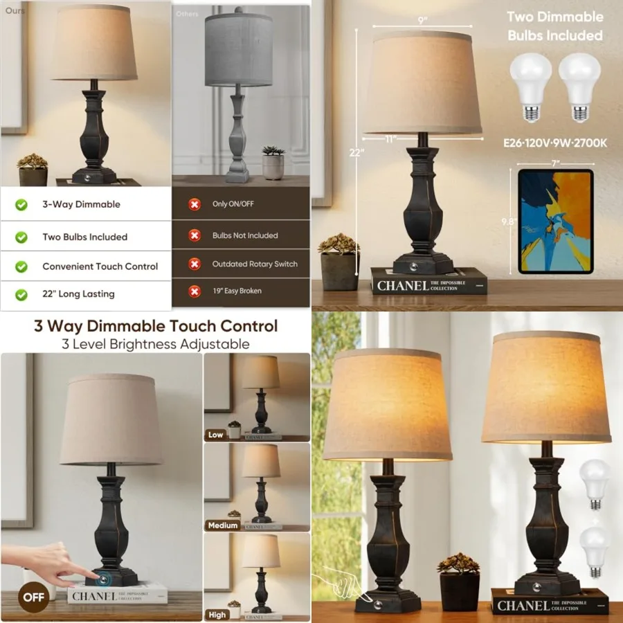 

Dimmable Table Lamps Set of 2, Rustic Farmhouse Table Lamps for Living Room Bedroom, Bedside Desk Lamps for end Tables, Touch L