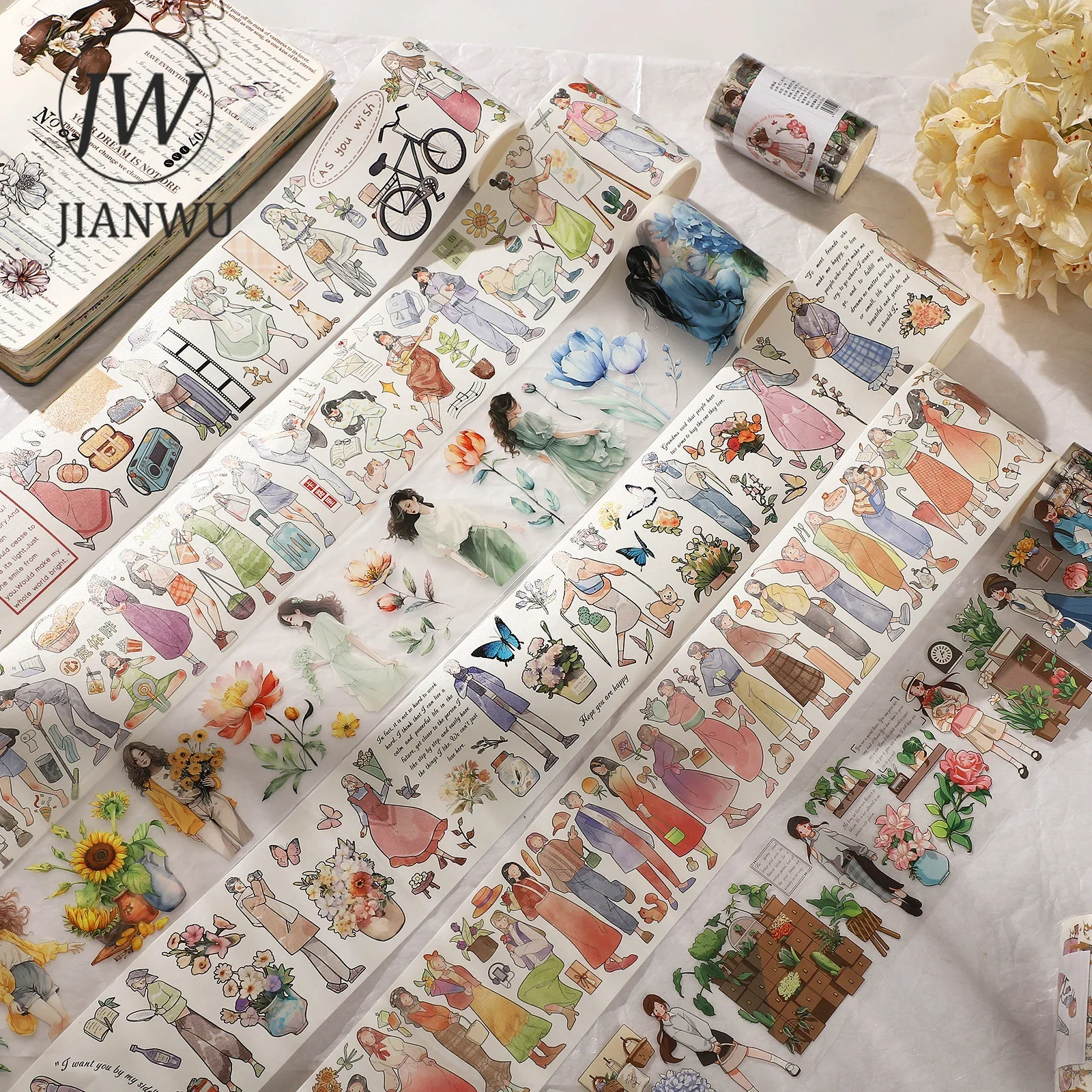 JIANWU 200cm/300cm/ Roll Literary Kawaii Material Flower Landscape PET Washi Tape Creative DIY Journal Collage Decor Stationery