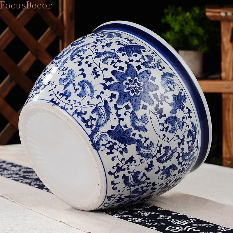 Ceramic Fish Bowl Round Chinese Blue and White Twigs Flower Porcelain Fish Bowls Tank Oriental Fish Bowl 12 Inch Traditional