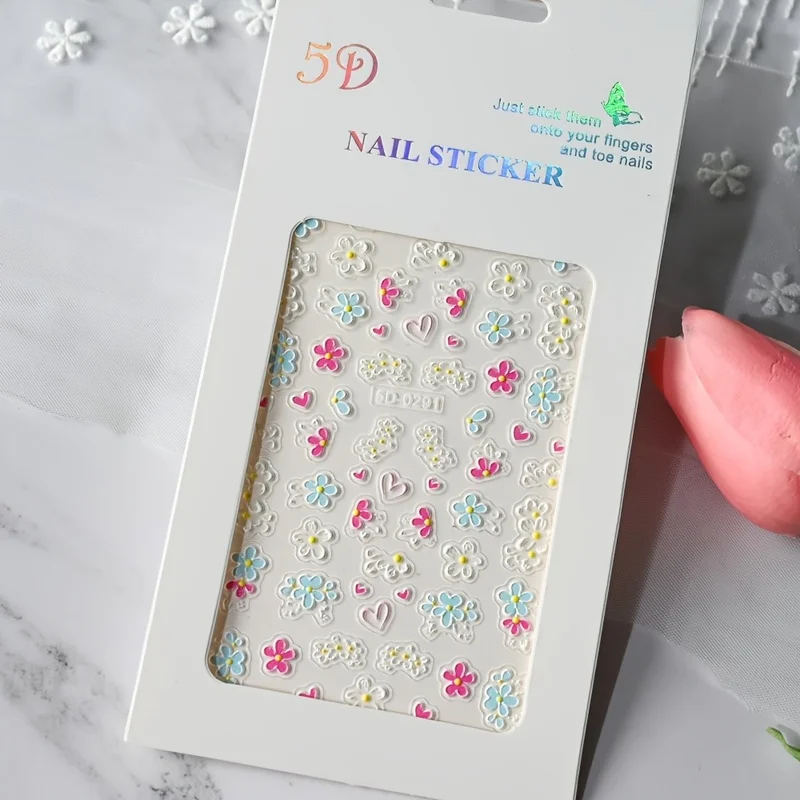 1Piece Pack 5D3D Embossed Flower Nail Stickers Pink and Blue Petals, butterfly, Heart, French Lines Acrylic Spring/Summer Floral view 5