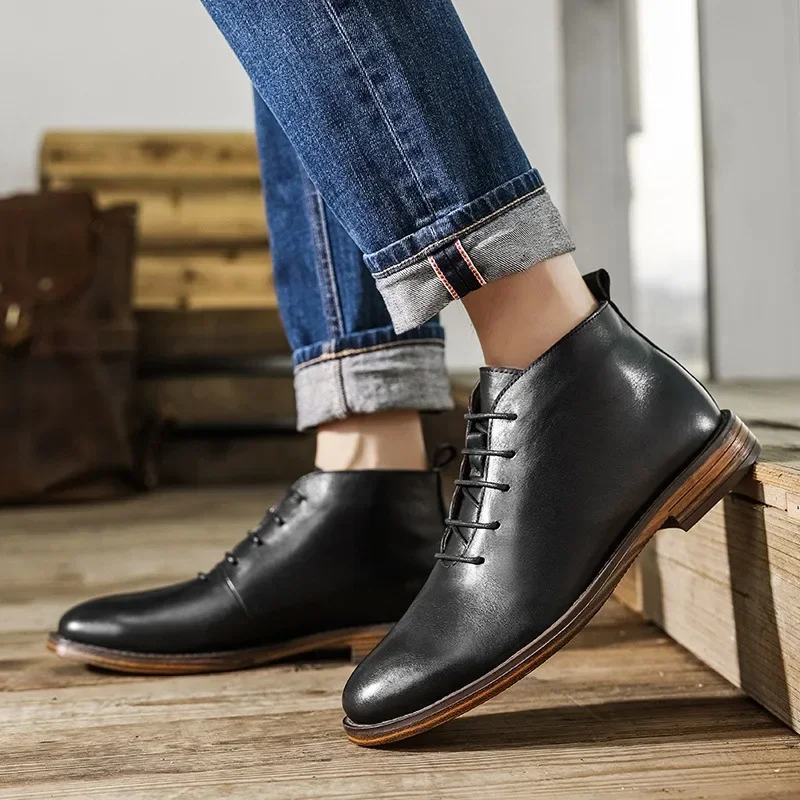 New High Quality Men Boots Vintage Genuine Leather Chelsea Boots Business Formal Men Dress Shoes Black Brown Size 38-47