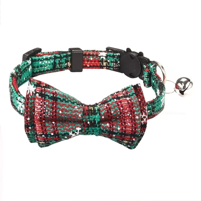 Bowknot Breakaway Cat Collar with Bell Plaid Christmas Necklace Elastic Adjustable Small Dog Puppy Collar Pet Accessoires