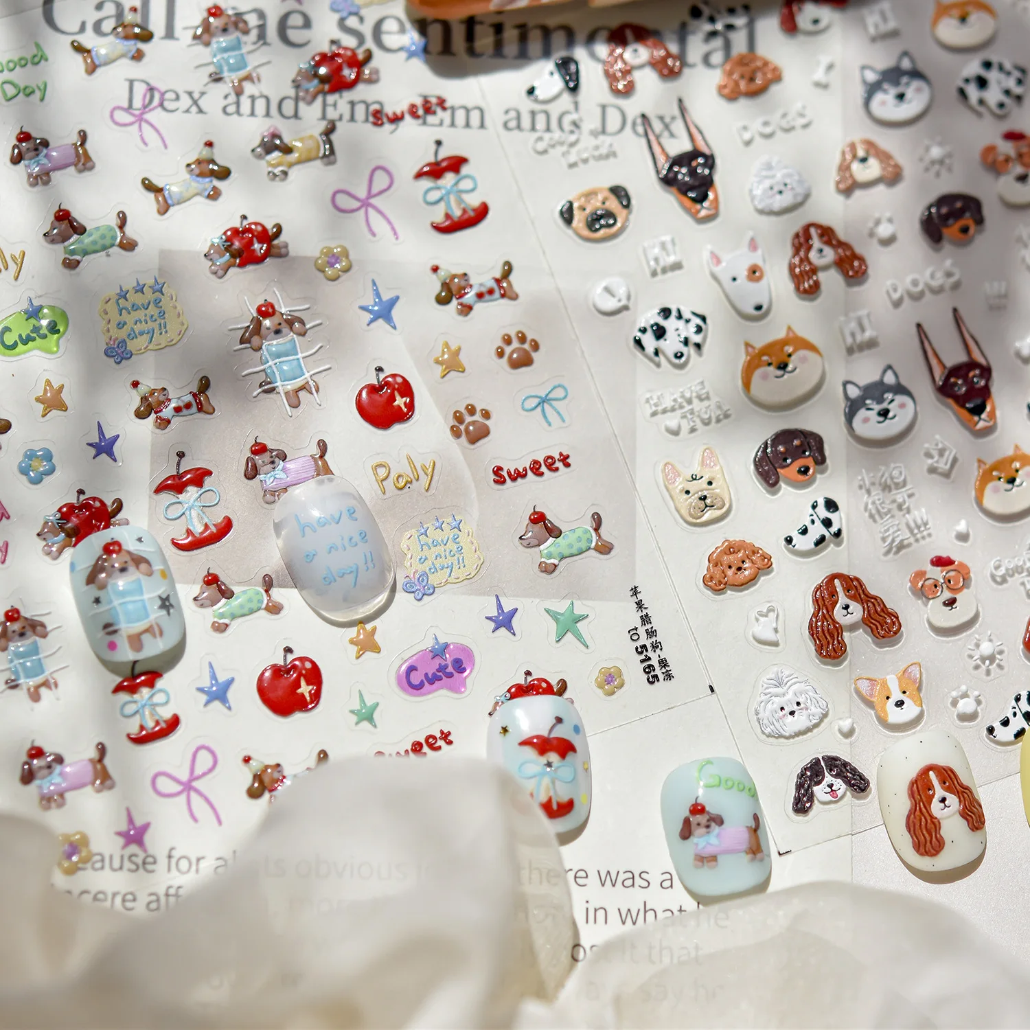 

5D Cartoon Nail Stickers Shell Light Reliefs Embossed Cute Dog Party Accessories Nail Art Stickers 3D Summer Nail Art Decals DIY