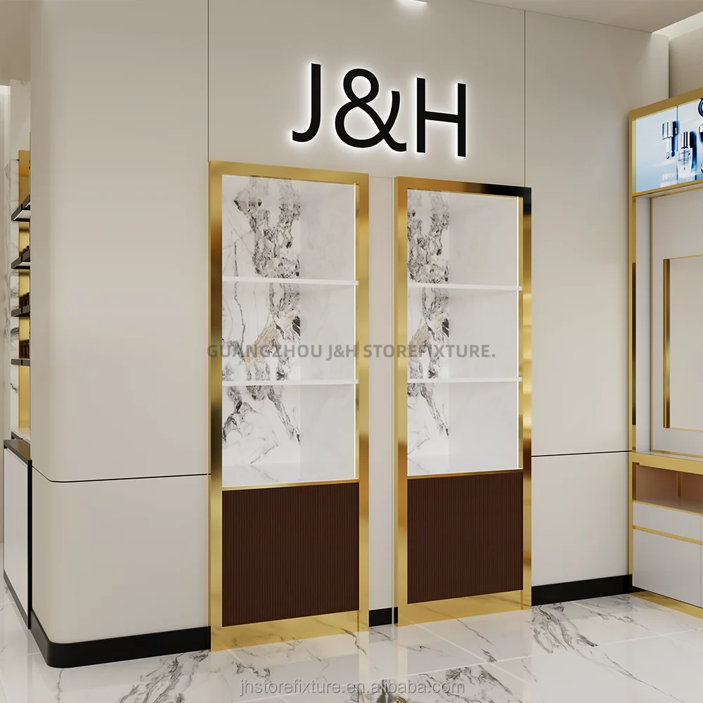 ตู้โชว์น้ำหอมหรูหราสีทองแบบติดผนัง ดีไซน์ตกแต่งร้านค้าและโชว์เครื่องประดับสั่งทำพิเศษจากโรงงาน