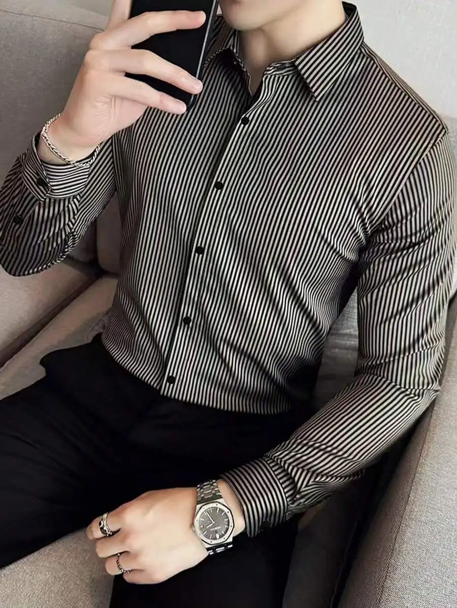 

Men's Slim Fit Striped Long Sleeve Button-Down Shirt for Business Casual Fall Wear