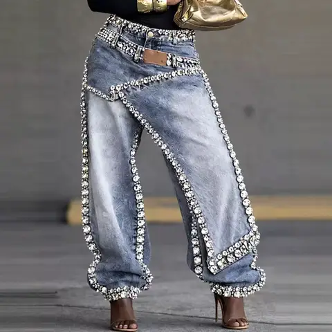Women Wide Leg Pants Jeans Rhinestone Denims Distressed Washed Full Length Vintage Asymmetrical Trousers Y2k Streetwear 2026