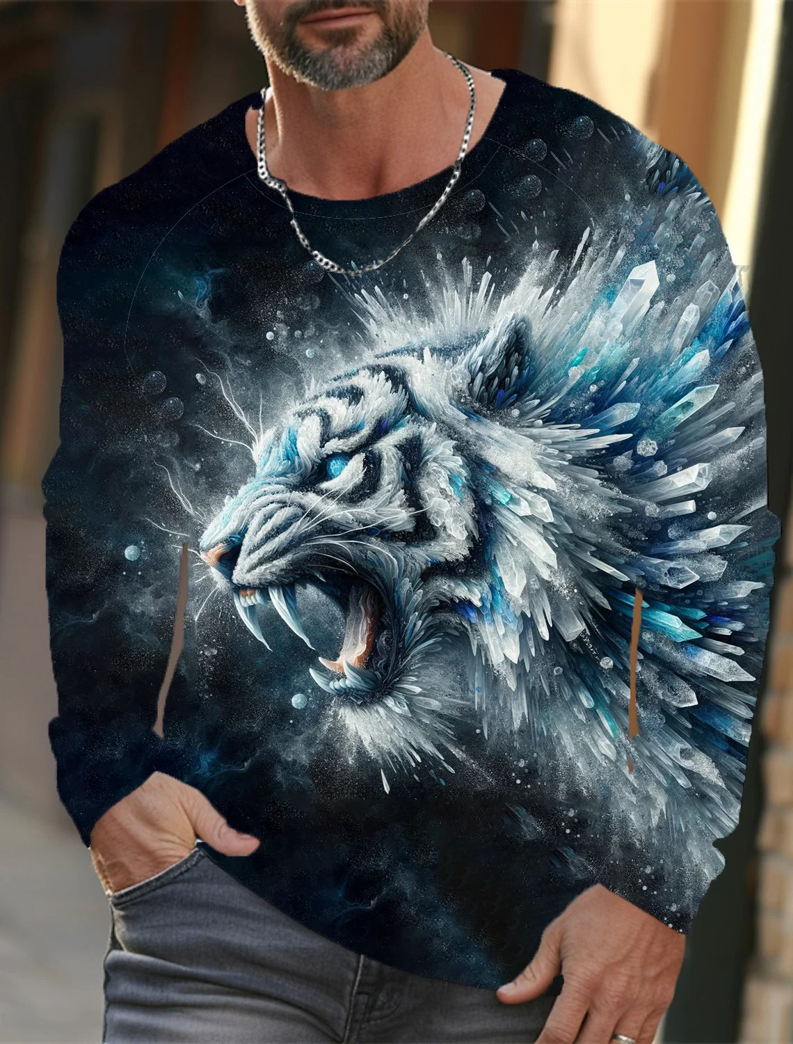 2024 New Tiger Print Pullover Autumn Winter Men\'s Casual Long Sleeve Round Neck Sweatshirt Streetwear Harajuku Men\'s Wear