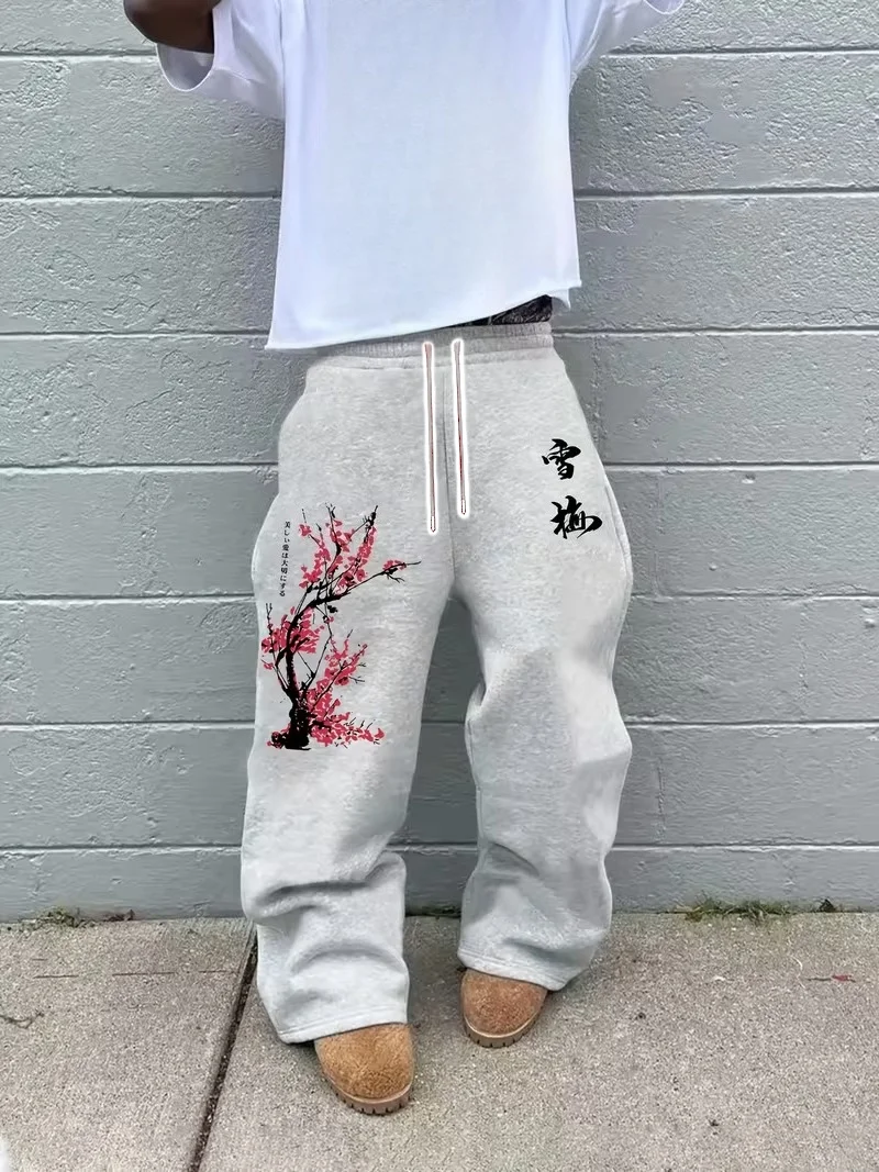

Летние серые спортивные брюки 2026 с принтом «Цветущая слива», с восточным графическим узором, на резинке, широкие, быстросохнущие, мужские, в уличном стиле, для детей