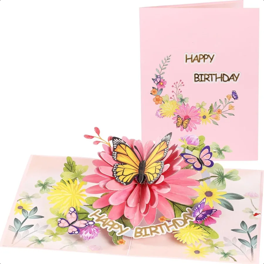 

Pop Up Birthday Cards For WomenandWife Beautiful Flowers and Monarch Butterfly Elegant Floral 3D Happy Birthday Greeting Cards