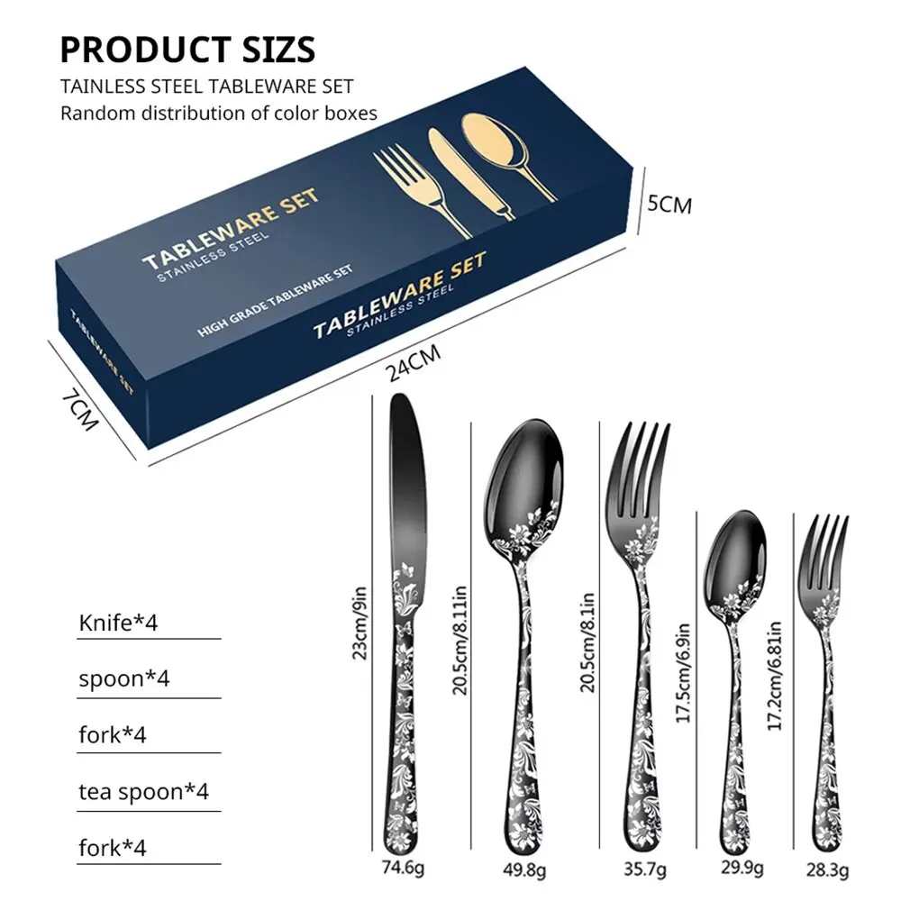 20PCS Patterned Stainless Steel Tableware Knife Fork Spoon Set Hotel Western Style Steak Knife Fork Spoon Set