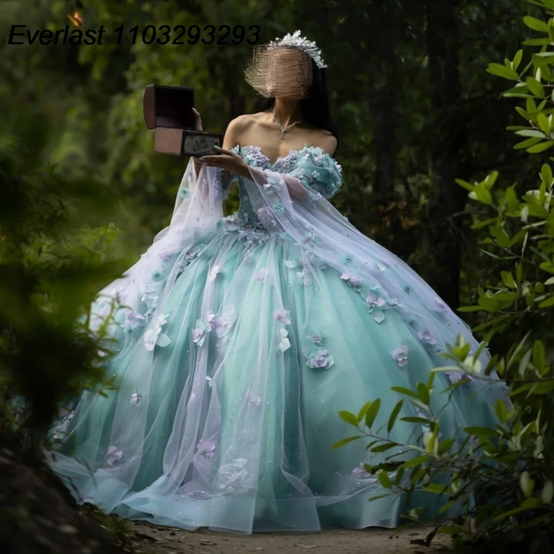 

EVLAST принцесса мятно-зеленое платье Quinceanera бальное платье 3D Цветы аппликация бисером с накидкой милое 16 Vestido De 15 Anos TQD304