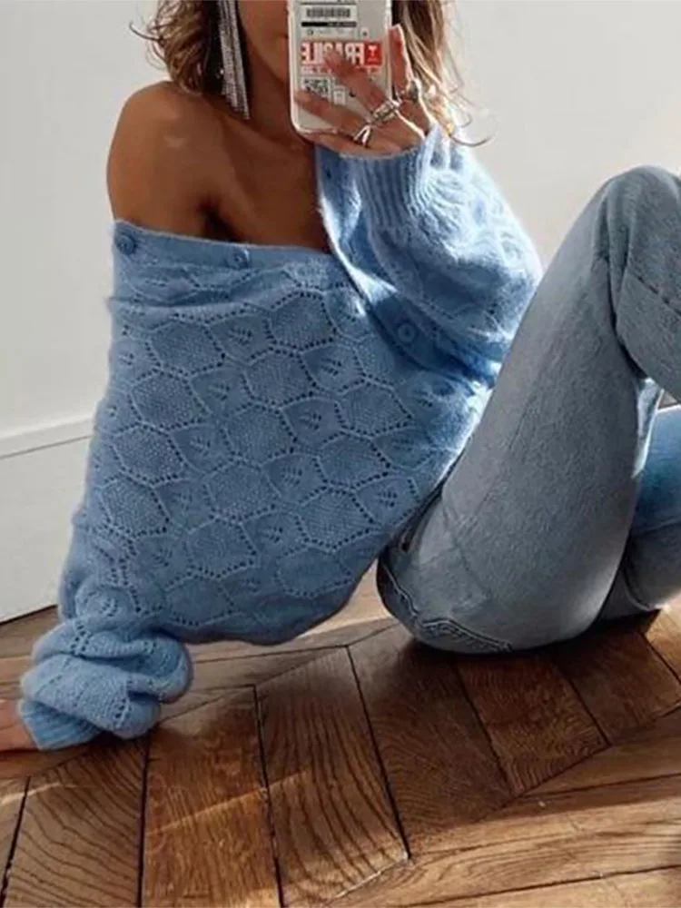 Lazer e confortável oco gancho flor único breasted malha cardigan outono e inverno azul camisola de malha