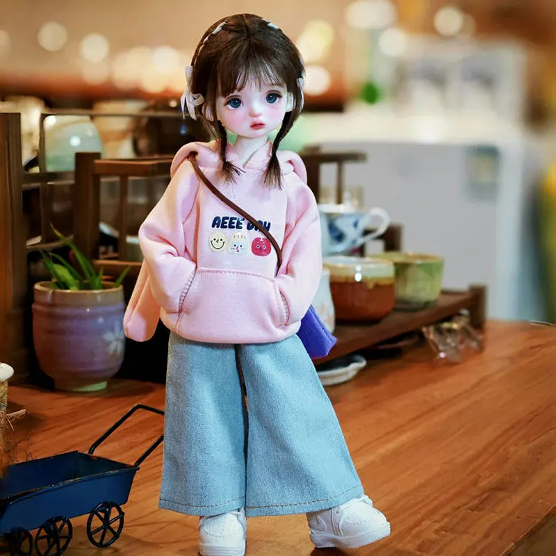 

1/6 Bjd кукольная одежда ручной работы, модные милые кроличьи уши, топ с длинными рукавами и принтом, синие джинсы, комплект для куклы Bjd, аксессуары, игрушка
