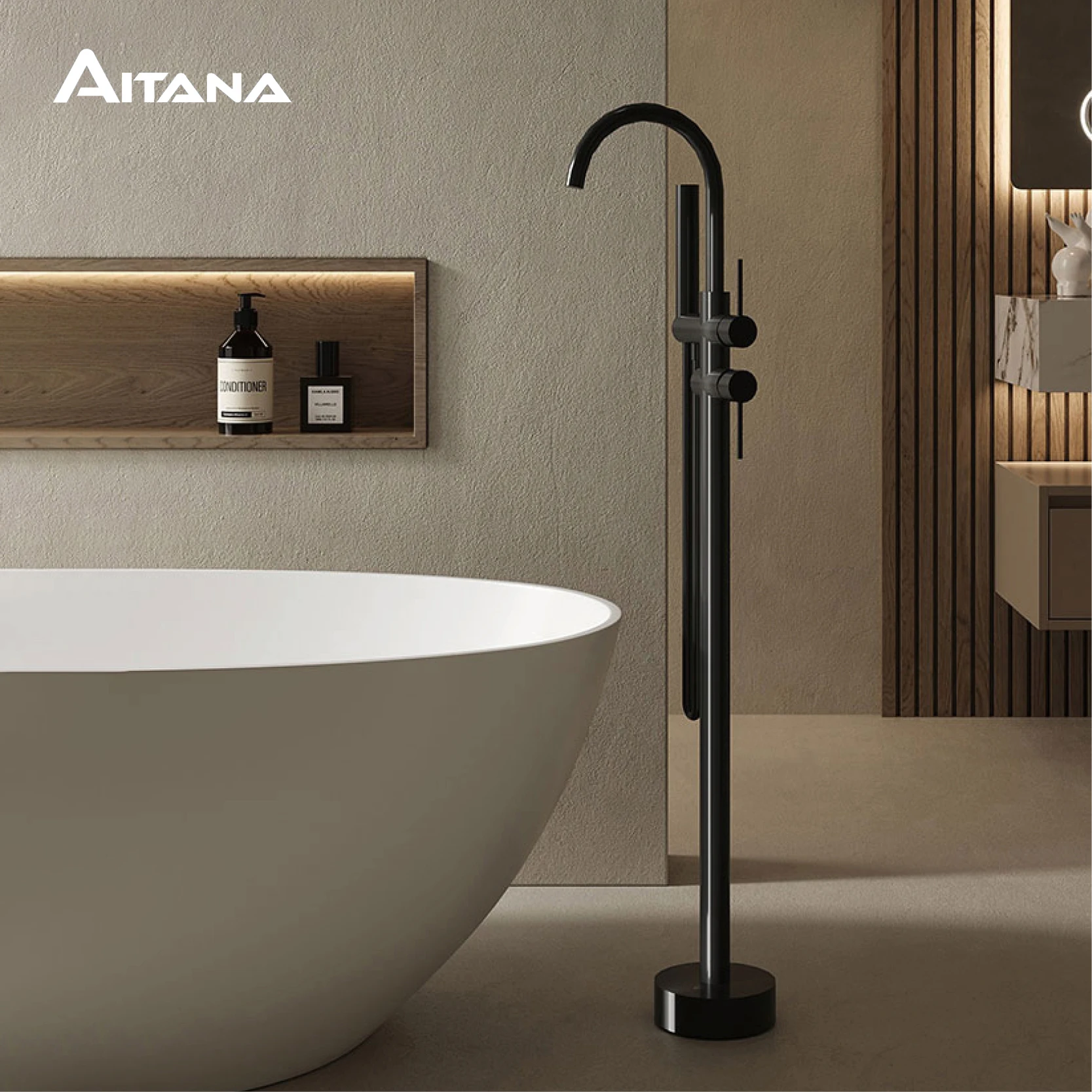 

AITANA luxury black brass bathroom faucet. Floor standing design with simple 2 handle hot and cold bathtub and dual-mode faucet