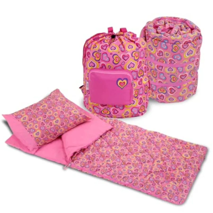 

Playful Hearts Sleeping Bag Set 3 Piece Pink Hearts Slumber Sack 100% Cotton Pillow Case and Backpack Carry Case Ages 3-12 Nap