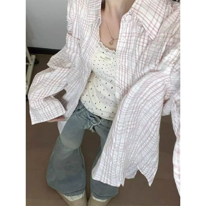 Elegant Pink Plaid Shirt Thin Long Sleeve Spring Autumn French Style Outerwear Casual Korean Loose Fit Polo Collar Shirt